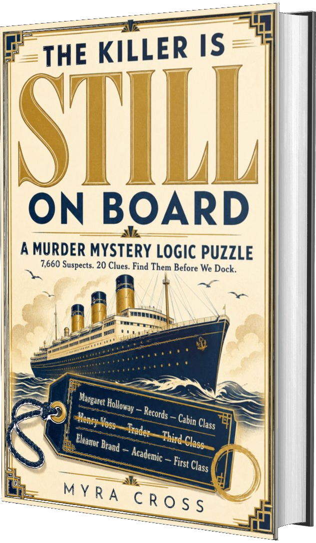 The Killer Is Still On Board — book cover, a 1930s Art Deco illustration of an ocean liner with a luggage tag manifest